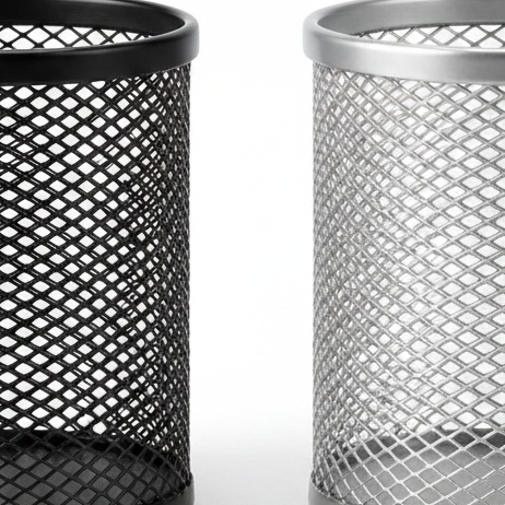 Two mesh pencil holders, one black and one silver, on a white background.