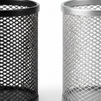 Two mesh pencil holders, one black and one silver, on a white background.