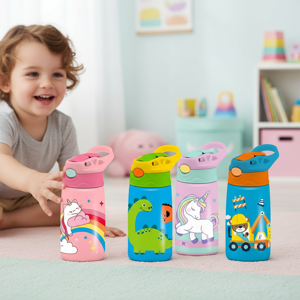 Must Stainless Steel Kids Vacuum 400ml with Straw - Kids Stainless Steel Thermos 4 Designs