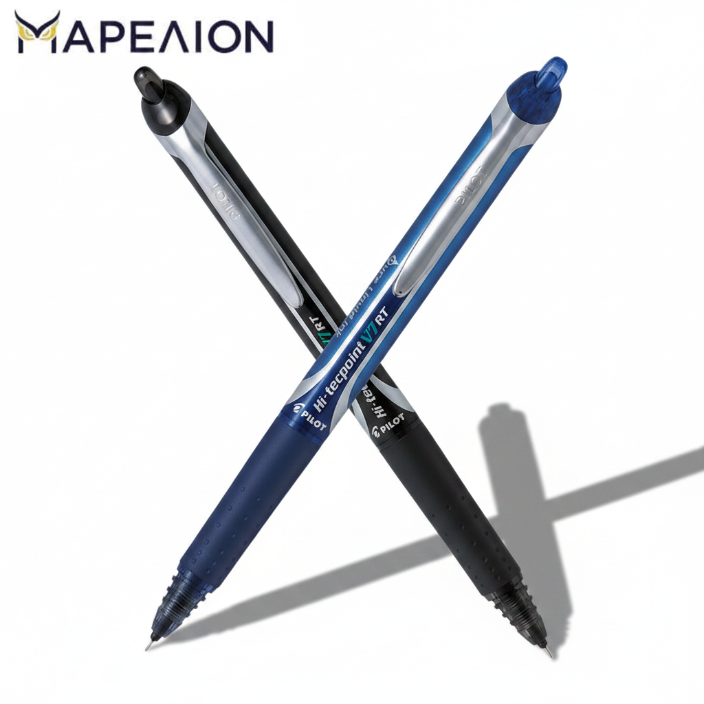 Two pens, one blue and one black, crossed over each other on a white background with 'MAPELION' branding.