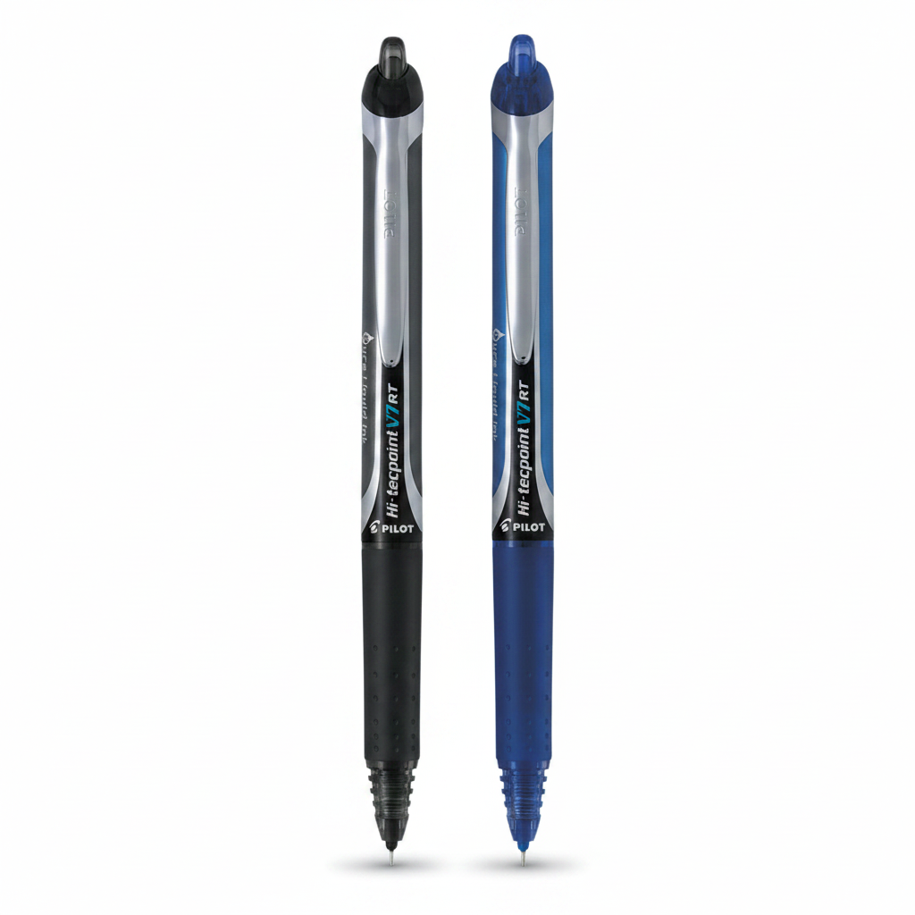Two pens, one black and one blue, on a white background