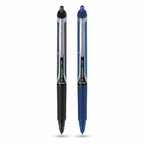 Two pens, one black and one blue, on a white background